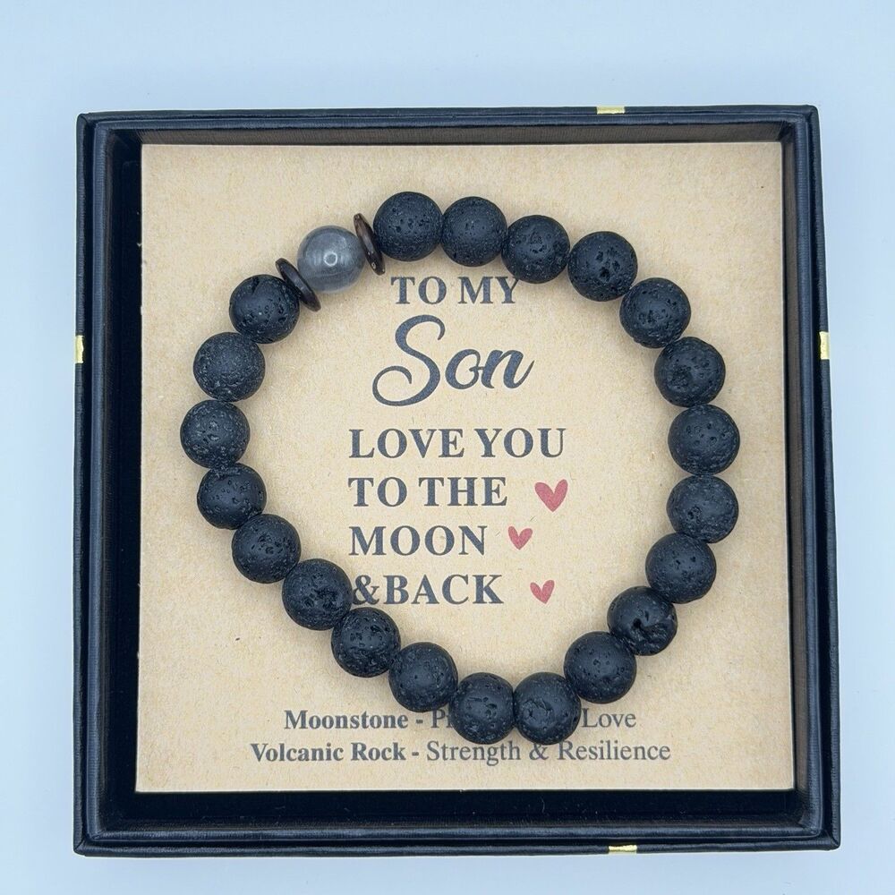 To My Son Volcanic Lava Rock Moonstone Stretch Bracelet Gift Box New